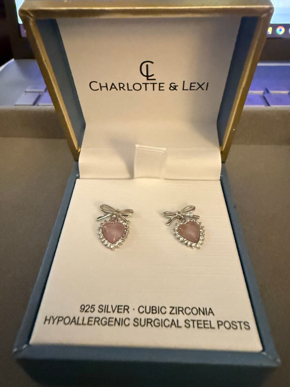 Charlotte & Lexi 925 Silver Pink Heart Bow CZ Stud Earrings New in Box